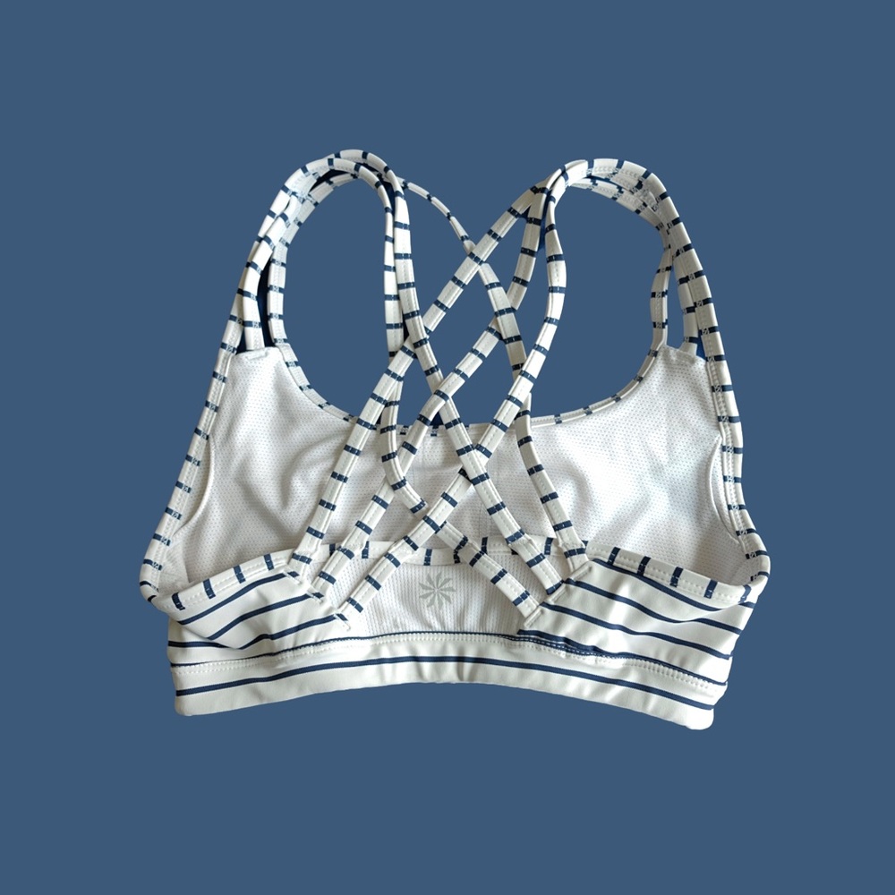 Athleta Blue and White Striped Sports Bra.